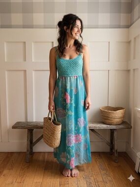 La Perla Turquoise Floral Maxi‎ Dress with Crochet Bodice and Pink Accents Small